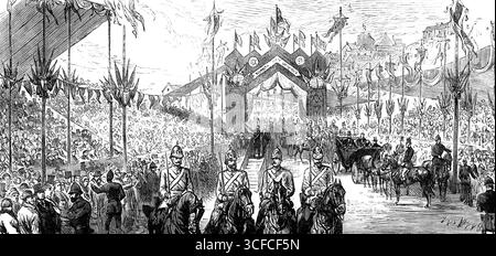 Der königliche Besuch in Swansea: Singen Sie das „Willkommen, Prinz!“ Auf den Freimaurerständen, 1881. „Ihre Königlichen Hoheiten, der Prinz und die Prinzessin von Wales, haben diese Woche die Stadt Swansea besucht, anlässlich der Eröffnung des neu errichteten East Dock... unsere heute gelieferten Illustrationen zeigen mehrere Vorfälle der Prozession... durch die Stadt...[einschließlich] des Gesangs des „Welcome, Prince of Wales“ von zweitausend Stimmen an den Freimaurerständen, in der neuen Straße zwischen Grove-Place und High-Street“. Aus „Illustrated Stockfoto