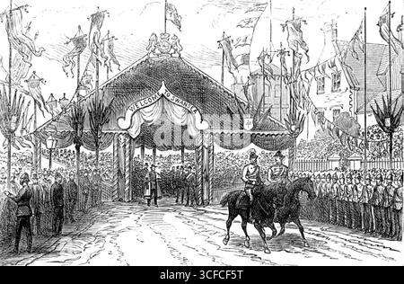 Der königliche Besuch in Swansea: Empfangspavillon, Walter-Road, 1881. „Ihre Königlichen Hoheiten der Prinz und die Prinzessin von Wales haben diese Woche die Stadt Swansea besucht, anlässlich der Eröffnung des neu errichteten East Dock für die Unterbringung einer größeren Klasse von Dampfschiffen in diesem aufsteigenden Handelshafen... unsere heute gelieferten Abbildungen zeigen mehrere Vorfälle der Prozession am Dienstag, als sie ihre Königlichen Hoheiten durch die Stadt führten...[einschließlich ihres] Empfangs durch den Bürgermeister und Stadtschreiber, im Pavillon in Walter-Road.“ Von Stockfoto
