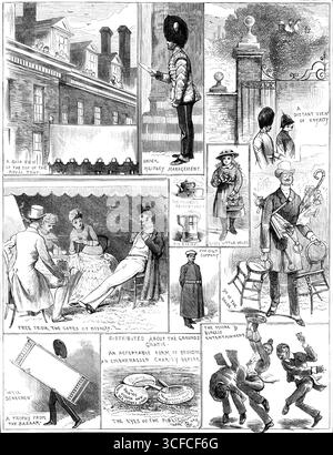 Garden Fete im Chelsea Hospital für die Royal Army Coffee Tavernen Association, 1883. "Ein guter Blick auf die Spitze des königlichen Zelt; unter Militärverwaltung; eine entfernte Ansicht der Könige; frei von den Sorgen der Könige; der Freund des Soldaten - und - sein Feind; jede kleine Hilfe; ausländische Unterstützung; 90 im Schatten; "gut abgeschirmt" - Eine Trophäe vom Basar; kostenlos über das Gelände verteilt - eine akzeptable Form, um eine peinliche Wohltätigkeit vor die Augen der Öffentlichkeit zu bringen; der Moore &amp; Burgess Entertainment...[A] ein großes militärisches Musikfest und eine Gartenparty fanden auf dem Gelände statt Stockfoto