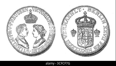 Hochzeitsmedaille für die königliche Ehe in Berlin, 1881. "Die Hochzeit von Prinz Wilhelm von Preußen, dem Enkel von Königin Victoria, mit Prinzessin Victoria von Schleswig-Holstein, Nichte von Prinz Christian, dem Ehemann der Tochter unserer Königin Prinzessin Helena, wurde am vergangenen Sonntag in Berlin gefeiert... Eine große Medaille, entworfen, um dieser königlichen Ehe zu gedenken, soll in Gold, Silber und Bronze geschlagen werden. Eine Seite der Medaille zeigt die Porträts des Prinzen und der Prinzessin, überragt von der preußischen Königskrone. Auf der Rückseite befindet sich ein Schild mit den Armen, die von Kronen überlagert sind, mit ihren Stockfoto