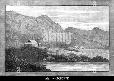Szenen am Cascapediac River, Lower Canada: Holzhäuser für Prinzessin Louise und ihre Damen, 1881. Gravur nach einer Skizze von Lord Archibald Campbell. „Was den Cascapediac betrifft, einen berühmten Lachsfluss inmitten malerischer und romantischer fremder Landschaft, so wurde seine geografische Lage erklärt, dass er in jenem Teil der Provinz Quebec liegt, am rechten oder östlichen Ufer der breiten Mündung des St. Lorenz... die Halbinsel Gasp&#xe9;, in der dieses Gebiet am Ufer des Golfs von St. Lorenz endet, von New Brunswick durch die Bucht von Chaleur getrennt ist, und diese erhält die CA Stockfoto