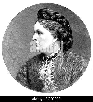 Die verstorbene Duchess of Westminster, 1881. Gravur von einem Foto von Mr. Bassano. Die verstorbene Herzogin von Westminster, die in Bournemouth starb, war Lady Constance Gertrude Leveson-Gower, vierte Tochter von George Granville, zweiter Duke of Sutherland, K.G., durch seine Heirat mit Lady Harriet Elizabeth Georgiana Howard, dritte Tochter von George, 6. Earl of Carlisle, und wurde am 16. Juni 1834 geboren. Sie heiratete am 28. April 1852 in der Chapel Royal, St. James’s Palace, Hugh Lupus, Earl Grosvenor, der seinem Vater im Oktober 1869 im Marquisate of Westminster nachfolgte, wurde erhoben Stockfoto