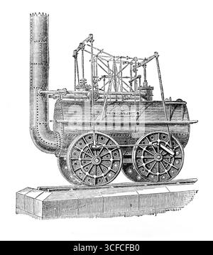 George Stephenson, Father of Railways: Die erste Lokomotive, 1881. „Die Stockton and Darlington Railway... war ursprünglich nur als Pferdestraßenbahn gedacht, und als solche wurde sie vermessen und mit dem Bau von Mr. Stephenson begonnen. Während der Arbeiten schlug der Ingenieur häufig vor, dass er die Strecke mit Lokomotiven befahren durfte, und schließlich wurden Herr Pease und seine Freunde zur Zustimmung überwunden. Die Bahn wurde am 27. September 1825 für den Verkehr eröffnet, George Stephenson selbst fuhr die erste Lokomotive, die Lokomotive Stockfoto