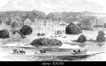 Normanton Park, Rutlandshire - Blick von Nordwesten, 1881. "Lord Avelands Hauptsitz in Rutland... es ist sehr angenehm und malerisch am Hang eines Fachwerkparks gelegen, 500 Hektar groß und gut mit Hirschen bestückt... die Gärten und Anlagen sind geschmackvoll angelegt, nach Plänen von Repton... Unterhalb des Herrenhauses und am Hang des Hügels befindet sich die antike Kirche St. Matthäus, bestehend aus einem Kirchenschiff und Chor, mit einem modernen Säulengang, Turm und kleinen Turm, der ionischen Ordnung, mit reich geschnitzten korinthischen Säulen, die im Jahr 1826 mit großem Aufwand errichtet wurden. Stockfoto