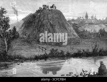 George Stephenson, Father of Railways: Making a Railway, 1881. Die Erde wird während des Baus einer Eisenbahnstrecke abgeladen. Illustration, veröffentlicht in einer speziellen Beilage zum hundertsten Geburtstag des britischen Bauingenieurs und Maschinenbauingenieurs George Stephenson (1781-1848). Aus Illustrated London News, 1881. Stockfoto