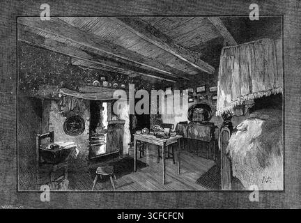 The Century of George Stephenson: Der Raum, in dem Stephenson geboren wurde, im Street House, Wylam, 1881. Illustration, veröffentlicht in einer speziellen Beilage zum hundertsten Geburtstag des britischen Bauingenieurs und Maschinenbauingenieurs George Stephenson (1781-1848). Aus Illustrated London News, 1881. Stockfoto