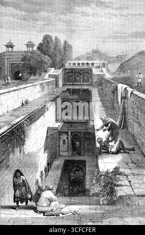 Hindoo-Schrein in Allahabad, 1881. "Diese alte und ehrwürdige Stadt Indiens, am Zusammenfluss der Jumna mit dem Ganges, 500 Meilen nordwestlich von Kalkutta, wurde in den vergangenen Zeiten nacheinander von Anhängern der Brahmanen und der muslimischen Religionen geheiligt. Die Jumna Musjid, oder große Moschee, ist ein herrliches Gebäude neben der Esplanade des Forts, aber es gibt einen unterirdischen Hindoo-Tempel unter dem Fort, der durch einen langen, nach unten geneigten Durchgang betreten wird, der von den Gläubigen des antiken indischen Aberglaubens sehr verehrt wird. Es ist mit riesigen Figuren ihrer mythologischen Gottheiten, A, geschmückt Stockfoto