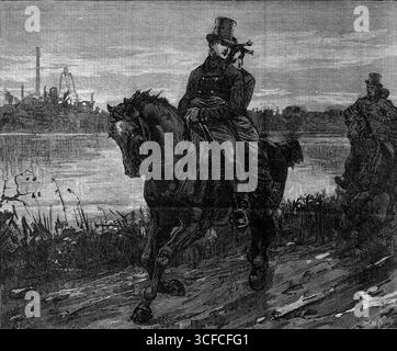 George Stephenson, der Vater der Eisenbahn: Stephenson und seine Frau gehen an ihrem Hochzeitstag 1881 nach Hause. Am 28. November 1802 heiratete George Stephenson Fanny Henderson in der Newburn Church. Nach der Zeremonie gingen er und seine Frau, um Georges Vater und Mutter bei Jolly's Close zu würdigen. Der alte Stephenson war immer noch ein Feuerwehrmann. Von Jolly aus brachte George seine Frau nach Hause zum Wellington Quay, wo er als Bremser angestellt war. Er hatte genug Geld gespart, um eine Hütte in sehr bescheidener Weise zu errichten, und da reiste er mit seiner Braut in der ziemlich alten Art von Sattel und Sozius Stockfoto