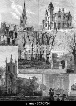 George Stephenson, der Vater der Eisenbahn: 1881. „Chesterfield Old Church; Tapton Hall [d. h. House], Chesterfield, die Residenz von George Stephenson; die Stephenson Memorial Hall, Chesterfield; Holy Trinity Church, Chesterfield, wo George Stephenson begraben ist; Inneres der Holy Trinity Church, Chesterfield“. Illustration, veröffentlicht in einer speziellen Beilage zum hundertsten Geburtstag des britischen Bauingenieurs und Maschinenbauingenieurs George Stephenson (1781-1848). Aus Illustrated London News, 1881. Stockfoto