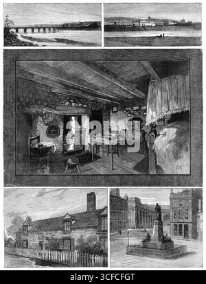 Das Jahrhundert von George Stephenson, Vater der Eisenbahn, 1881. Wylam-on-Tyne; Newburn-on-Tyne; das Zimmer, in dem Stephenson geboren wurde, im Street House, Wylam; Stephensons Hütte in Killingworth; Monument to Stephenson in Newcastle-on-Tyne. Illustration, veröffentlicht in einer speziellen Beilage zum hundertsten Geburtstag des britischen Bauingenieurs und Maschinenbauingenieurs George Stephenson (1781-1848). Aus Illustrated London News, 1881. Stockfoto