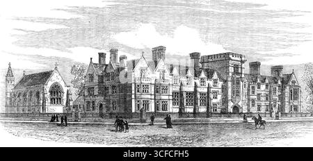 Ridley Hall, Cambridge, für theologische Studenten, 1881. "An den Universitäten Oxford und Cambridge wurden in letzter Zeit spezielle Einrichtungen für die Ausbildung und den Unterricht theologischer Studenten errichtet, "in den Prinzipien der Reformierten Protestantischen Kirche"... die beiden eröffneten Hallen tragen die Namen Wycliffe und Ridley, die historischen Champions der Protestantischen Reformation in England... Der Architekt der Ridlev Hall in Newnham, Cambridge, ist Mr. C. L. Luck. Diese Hallen are...intended...to sind Institutionen für die Unterstützung der Ausbildung von Anwohnern der Universität Stockfoto