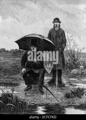 Große Erwartungen von W. D. Sadler aus der Ausstellung der Society of British Artists, 1881. Gravur eines Gemäldes. Mr. W. D. Sadler, der aufstrebende junge Maler dieses Bildes muss sicher ein Anhänger der "sanften" Kunst sein, ein Schüler von Isaac Walton. Hat er uns schon mehrmals den wachsamen und vorsichtigen, geduldigen und unerschütterlichen alten Angler vorgestellt, der unter allen möglichen ungünstigen und entmutigenden Bedingungen auf seinen Biss wartet... oder ist der Künstler nicht ein Abtrünniger vom kultus der Rute und ein Verräter seiner Geheimnisse... So lächerlich macht er es Stockfoto