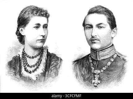 Die königliche Ehe – Prinzessin Victoria von Schleswig-Holstein und Prinz Friedrich Wilhelm von Preußen, 1881. Stiche von Fotografien von Hermann, Hoffotograf, aus Potsdam und Herrn A. Bassano aus der Old Bond-Street, London. "...die fürstliche Braut und der königliche Bräutigam... sind beide durch Familienbeziehungen mit dem Königlichen Haus von Großbritannien verbunden. Prinzessin Victoria ist das älteste Kind von Prinz Friedrich von Augustenburg, Titularherzog von Schleswig-Holstein, der nach dem Tod von König Friedrich VII. Im Jahr 1863 behauptete, König von Dänemark zu sein, dessen Anspruch jedoch durch den von Prinz C. abgelöst wurde Stockfoto