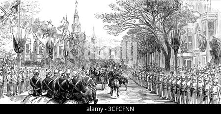 Der königliche Besuch in Swansea: Die Prozession über die Walter-Road, 1881. "Ihre Königlichen Hoheiten, der Prinz und die Prinzessin von Wales, haben diese Woche die Stadt Swansea besucht, anlässlich der Eröffnung des neu errichteten East Dock für die Unterbringung einer größeren Klasse von Dampfschiffen in diesem aufsteigenden Handelshafen... unsere heute zur Verfügung gestellten Abbildungen zeigen mehrere Vorfälle der Prozession am Dienstag, die ihre Königlichen Hoheiten durch die Stadt führte, die über die Walter-Road einging." Aus Illustrated London News, 1881. Stockfoto