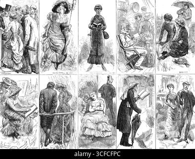 Sorten der Touristenart, 1883. "Verschiedenes; von den Franzosen - das ideal; von den Engländern - das echte; ein alter Tourist; Junge; beschäftigte Touristen; leblose; Amerikaner, verzaubert, gelangweilt...[unter] englischen Leuten der Mittelschicht... die Unterhaltung läuft hauptsächlich auf den topics...in eigenen Zeitungen, gestützt von starken britischen Vorurteilen, die die Ideen der Kontinentalwelt trotzig ignorieren. Aber der philosophische Student der Menschheit... achtet nicht auf ihre vehementen Meinungen und widmet sich der Prüfung einzelner Arten von Temperament, Züchtung und Gewohnheit, Stockfoto