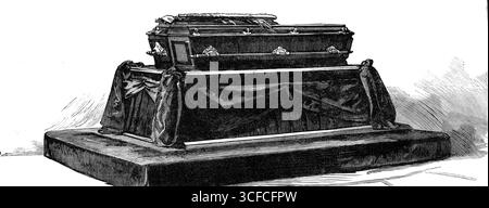 Die Überreste von Präsident Garfield liegen im Kapitol, Washington, 1881. "In der Rotunde des Kapitols von Washington lag am Donnerstag und Freitag, dem 22. Und 23. September, die Leiche von James Abram Garfield, dem ermordeten Präsidenten der Vereinigten Staaten, in ihrem geöffneten Sarg, ein Objekt der traurigen Verehrung, gesehen von hundertdreißigtausend Besuchern vor Donnerstagabend, als der Sarg geschlossen wurde. Die leblose Form des verstorbenen Präsidenten war in den Kleidern gekleidet, die er am 4. März bei der öffentlichen Amtseinführung vor dem Kapitol trug. Nur das Gesicht und die Schultern Stockfoto