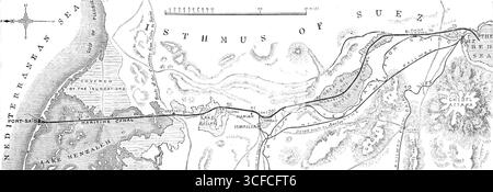Plan des Suez-Kanals, vom Mittelmeer bis zum Roten Meer, 1883. "In den letzten ein oder zwei Wochen hat sich sowohl bei den Politikern als auch bei den britischen Reedern und anderen, die an unserem östlichen Seeverkehr interessiert sind, plötzlich ein erhebliches Aufsehen über die Bedingungen eines vorgeschlagenen Abkommens zwischen der Regierung Ihrer Majestät und der Suez Canal Company, vertreten durch den Präsidenten Ferdinand de Lesseps, für den Bau einer zweiten Wasserstraße neben dem bestehenden Kanal, der durch einen Vorschuss von acht Millionen Sterling von unserer Regierung unterstützt wird." Aus „Illustrated Londo Stockfoto