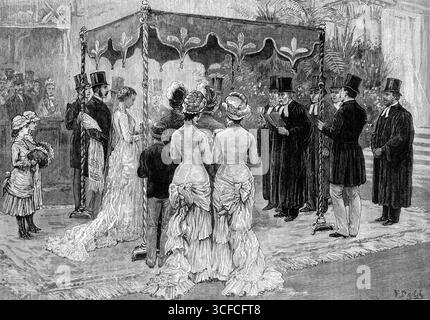 Eine jüdische Hochzeit: Hochzeit von Leopold de Rothschild und Mdelle. Marie Perugia, 1881. Die "...beeindruckende und schöne Zeremonie... fand in der Central Synagoge in der Great Portland-Straße statt... zwischen der Arche und dem Leseschalter stand das Brautdach, oder chupa, gestützt von vier Polen, und darunter wurde die Zeremonie feierlich gefeiert... der Gottesdienst... wurde von Pastor A. L. Green... Mdlle durchgeführt. Perugia trug weißen Satin mit Mechlin-Spitze... der Zug war aus weißem Satin und Mechlin Point. Ihr Schleier war aus weißem Tüll... den beiden jungen Töchtern von Sir Charles FoRB Stockfoto