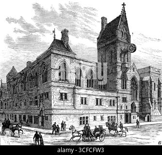 Townhall of Dover, eröffnet vom Duke and Duchess of Connaught, 1883. Ihre Königlichen Hoheiten, der Herzog und die Herzogin von Connaught, besuchten Dover am Samstag, um das neue Rathaus zu eröffnen, von dem wir eine Illustration geben, ein schönes Gebäude, das dem Maison Dieu in der High-Street hinzugefügt wurde. Das Maison Dieu selbst ist reich an historischen Assoziationen, die bis zur Zeit von Hubert de Burgh und den Kreuzzügen reichen, als Tausende von Rittern und Pilgern auf dem Weg ins Heilige Land Abschied von England nahmen. Seit der Zeit Heinrichs VIII. War seine Existenz ein kariertes, einst eine Brauerei Stockfoto