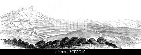 The Transvaal war: The Burers' Position at Laing's Neck, [Südafrika], 1881. „Laing's Neck; 2. Hill wurde vom 58. Regiment angegriffen, 28. Januar; 3. Straße von Newcastle nach Transvaal; 4. Straße vom Prospect Hill Camp zum Laing's Neck... unsere Sicht auf die gesamte Position, mit den Straßen von Newcastle und vom British Camp in Prospect Hill, durch die Sir George Colley am 28. Januar vorrückte, und mit dem Pass am Laing's Neck und dem Hügel, auf den das 58. Regiment den Angriff machte, füllt eine Gravur, die die Länge einer Seite verlängert. Es stammt von einer Skizze von Captain Ernest Thurlow, von den 60. Gewehren. Fr Stockfoto