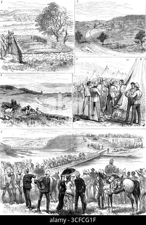 Skizzen in Südafrika von unserem Spezialkünstler, 1881. Erster Burenkrieg. "Unser Spezialkünstler, Mr. Melton Prior...sends uns die Illustrationen, die jetzt von mehreren Vorfällen der späten Kampagne an der Transvaal-Grenze von Natal graviert wurden... 1. Offiziersgräber bei Bronkers Spruit. 2. Soldatengräber bei Bronkers' Spruit; Blick in Richtung Middelburg. 3. Bronkers' Spruit; Position der Hinterwache des 94. Regiments, Blick auf Pretoria. 4. Verkauf eines toten Soldatenbausatzes im Lager am Mount Prospect, Natal. 5. Royal Artillery überquert den Fluss durch die Pontoon Bridge, in der Nähe von Newcastle, Natal... die Szene am Fluss, nea Stockfoto