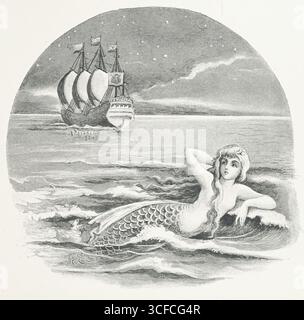 Meerjungfrau und Segelschiff, 1888. Seite 21 aus "die Geschichte der Mermaiden. Adaptiert aus dem Deutschen Hans Andersens, von E. Ashe ... illustriert von Laura Troubridge [in Vers]“, 1888. Stockfoto
