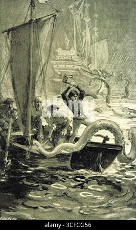 "Für die Liebe des Himmels schneide das Ding in twain!", 1898. Seeleute kämpfen mit Meeresmonstern. Seite 267 von The Golden Galleon, etc. Von Robert Leighton, [1898]. Stockfoto