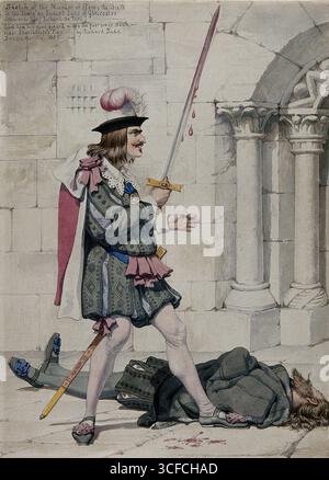 Zeichnung des Mordes an Heinrich dem Sechsten im Turm durch Richard Duke of Gloucester, später König Richard III. Seht, wie mein gutes Schwert den Tod des armen Königs weint - Vide Shakespeares Spiel - von Richard Dadd Bethlehem Hospital 1853. König Richard III. (1452–1485) hält ein blutiges Schwert, die Leiche König Heinrich VI. Liegt auf dem Boden. Nachdem der britische Künstler Richard Dadd überzeugt war, dass sein Vater der verdeckte Teufel war, tötete er ihn mit einem Messer. Er wurde in die Kriminalabteilung des psychiatrischen Krankenhauses Bethlem (auch bekannt als Bedlam) eingewiesen. Dort und später bei der neuen Krea Stockfoto