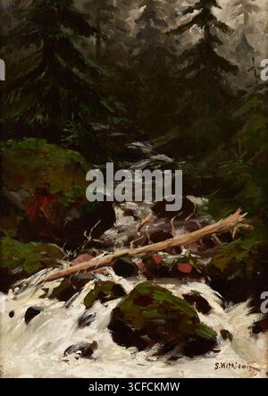 Fluss im Wald, 1893. Ein eng geschnittener Abschnitt einer Berglandschaft mit einem fließenden Bach. Ein rasanter Wasserstrom, der aus bemoosten Felsbrocken auf den Betrachter zuströmt, dominiert die Komposition. Die dunkelgrünen Wände des Nadelwaldes sind von Nebel umhüllt. Der Künstler schafft es brillant, die raue Schönheit der Natur darzustellen, die ihm immer eine Inspirationsquelle war. Aleksandra Krypczyk-De Barra Stockfoto