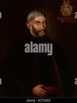 Porträt von Zyzemski, um 1675. Zusätzliche Info: Das in dunklen Farben gefertigte Porträt zeigt einen grauen bärtigen Mann mit einer unverwechselbaren Frisur, der in einer gleichmäßigen Linie um den Kopf geschnitten ist. Das Modell hält die rechte Hand am Gürtel mit einer charakteristischen Geste, die aus vielen Porträts von Adligen bekannt ist. Etwas über seinem Kopf, auf der rechten Seite der Leinwand, befindet sich ein Schild mit einem Löwen auf seinen Hinterbeinen im blau-schwarzen Bereich mit Sternen. Es ist ein Symbol der Familie Knjas Zyzemski (manchmal wird der Name Zyzemski genannt), die im 17. Jahrhundert in der Region Minsk lebte. Wir wissen nicht, W Stockfoto