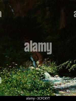 Quelle, 23. Juli 1896 Ein kleiner Bach stürzt in Kaskaden von schweren, felsigen Hängen in Richtung Vordergrund. Die dunkelgrünen Sträucher, die an den schattigen Ufern wachsen, stehen im Kontrast zur sonnendurchfluteten Wiese. Die eng geschnittene Komposition lenkt die Aufmerksamkeit des Betrachters auf den Vordergrund, während die helle Sonne auf den Wildblumen und der Wasseroberfläche spielt. Die schmale Farbpalette schwankt zwischen Grün- und Brauntönen. Aleksandra Krypczyk-De Barra. Stockfoto