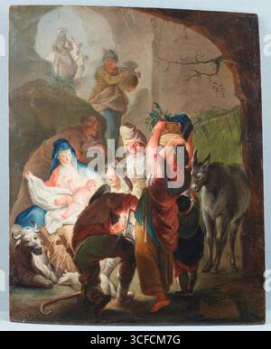 Die Anbetung der Hirten, zwischen 1730 und 1745. Zusätzliche Info: Scharfes, helles und übernatürliches Licht, mit dem der Künstler wahrscheinlich den wundersamen Charakter des Ereignisses unterstreichen wollte, durchdringt einen Eingang zu einer Grotte, in der die Heilige Familie vertreten ist. Hirten betreten die Grotte, um dem neugeborenen Christus einen Gehorsam zu erweisen. Einige Hirten, mit ihren Opfergaben, umgeben die Heilige Familie. Einer von ihnen hat gerade einen großen Korb vom Rücken eines Esels genommen, und ein kleiner Junge auf der rechten Seite hält das Tier. Andere Hirten sind am Eingang der Grotte zu sehen. Th Stockfoto