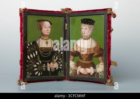Diptychon mit Porträts der Ehefrauen von König Sigismund II. Augustus (1520–1572): Elisabeth von Österreich (1526–1545) und Barbara Radziwill (1520 oder 1523–1551), zwischen 1543 und 1551. Stockfoto