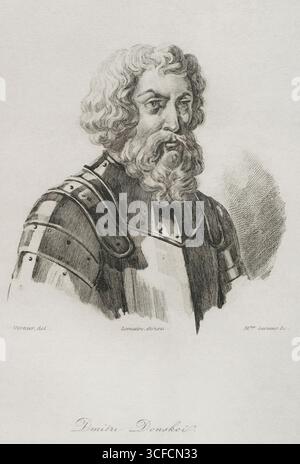 Dmitri Donskoy (1350–1389), Prinz von Moskau und Großfürst von Wladimir, 1839. Aus "Geschichte Russlands" von Jean Marie Chopin (1796-1870), "Panorama Universal", spanische Ausgabe, 1839. Stockfoto
