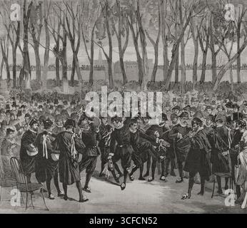 The Spanish Estudiantina spielt „National Airs“ im Tuileries Garden, 6. März 1878. Studentenband trat beim Pariser Karneval 1878 auf. Von " La Ilustraci&#xf3;n Espa&#xf1;ola y Americana", 1878. Stockfoto