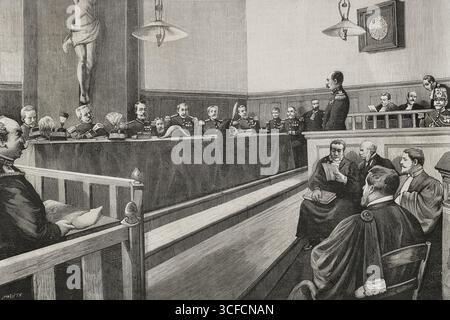 Ferdinand Walsin Esterhazy wird am 10. Januar 1898 vor ein Militärgericht gestellt. Charles Marie Ferdinand Walsin Esterhazy (1847–1923) war von 1870 bis 1898 Offizier der französischen Armee. Er erlangte Bekanntheit als Spion des Deutschen Reiches und als tatsächlicher Täter des Hochverrats, dessen Hauptmann Alfred Dreyfus 1894 zu Unrecht beschuldigt und verurteilt wurde. Das Gericht hat Esterhazy einstimmig freigesprochen. Von „La Ilustración Española y Americana“, 1898. Stockfoto