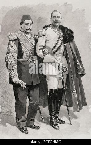 Reise der deutschen Kaiser ins Heilige Land: Konstantinopel, Oktober 1898. Osmanischer Sultan Abdul Hamid II. (1842-1918) mit dem deutschen Kaiser Wilhelm II. (1859-1941). Von „La Ilustración Española y Americana“, 1898. Stockfoto
