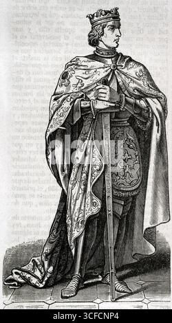 Peter I. von Kastilien, 1852. Peter (1334–1369), genannt der grausame oder gerechte, war König von Kastilien und Leon (1350–1369). Aus der „Historia General de EspañA“ von Pater Mariana, Madrid, 1852. Stockfoto