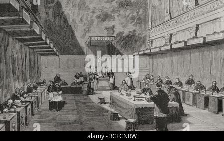Das Konklave zur Wahl von Papst Leo XIII., Rom, 1878. Abstimmung in der Sixtinischen Kapelle (Michelangelos Fresko des letzten Gerichts an der anderen Mauer). Ein Konklave ist eine Zusammenkunft des Kardinalskollegiums, das einberufen wird, um den Papst der katholischen Kirche zu ernennen. Leo XIII. (1810–1903) war von 1878 bis zu seinem Tod 1903 Papst. Von „La Ilustración Española y Americana“, 1878. Stockfoto