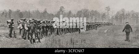 Spanisch-Amerikanischer Krieg (1898): Rekonzentration der amerikanischen Truppen, 1898. Das 25. Infanterieregiment (1866-1946) in Chickamauga, (Georgia?). Diese Einheit war eine der rassisch getrennten Einheiten der United States Army. Von „La Ilustraci&#xf3;n Espa&#xf1;ola y Americana“, 1898. Stockfoto