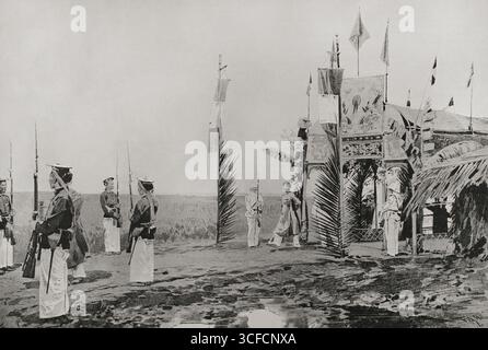 Besuch des Kaisers Thanh Thai in den Gräbern seiner Vorfahren, 1898. Thanh Thai (regiert 1889–1907), Kaiser von Annam (Zentralvietnam), Go Cong (Cochinchina). Von „La Ilustraci&#xf3;n Espa&#xf1;ola y Americana“, 1898. Stockfoto
