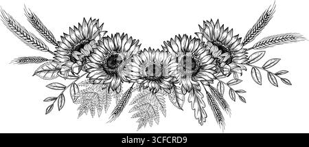 Sonnenblumen mit Spikelets und Herbstzweigen. Vektor-Illustration von Herbstblumen und Weizen für Erntefest-Grußkarten oder Blumenhochzeiteinladungen. Lineare Zeichnung mit schwarzer Tinte. Stock Vektor