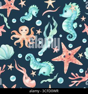 Wassertiere, nahtloses Muster im Meeresstil. Seepferdchen, Seesterne und Kraken Kinderfiguren. Abbildung im Dunkeln isoliert Stockfoto