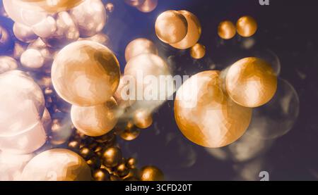Abstraktes Bild goldener metallischer Kugeln, die in einem dunklen, nebeligen Raum schweben. Abbildung, Rendering Stockfoto