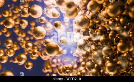 Wirbelnde Haufen goldener Metallkugeln schweben auf blauem Hintergrund. Abbildung, Rendering Stockfoto