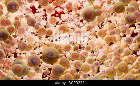 Mehrfarbige abstrakte Kugeln erzeugen ein dynamisches, lebendiges Muster auf dunklem Hintergrund. Abbildung, Rendering Stockfoto