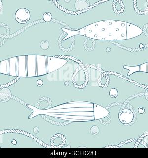 Minimalistische Fische, Luftblasen und Seeseile, die auf dem minzigen Meeresboden verstreut sind, sorgen für einen luftigen Rhythmus. Handgezeichnete lineare Abbildung. Nahtloses Muster Stock Vektor
