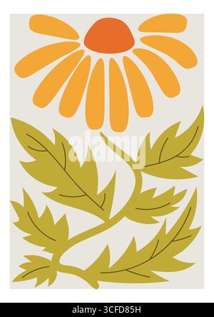 Grooviges Poster im Y2K-Design mit Matisse-Blume in flacher Cartoon-Ästhetik, hellen Retro-Farben und abstrakten organischen Formen für stilvolle Illustration A Stock Vektor