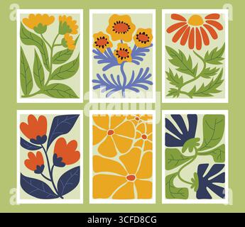 Grooviges Y2K-Poster-Set mit Blumen im Matisse-Stil, leuchtenden Farben und abstrakten organischen Formen im flachen Cartoon-Stil für trendiges Grafikdesign, DE Stock Vektor