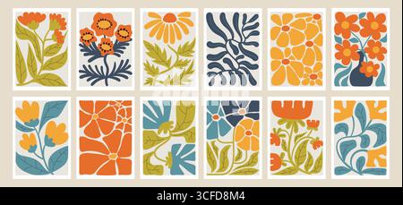 Kollektion von Y2K-Postern mit Blumenelementen im Matisse-Stil, flacher Zeichentrickkunst, farbenfrohen abstrakten Formen und verspieltem Retro-Vibe für modernes Design Stock Vektor